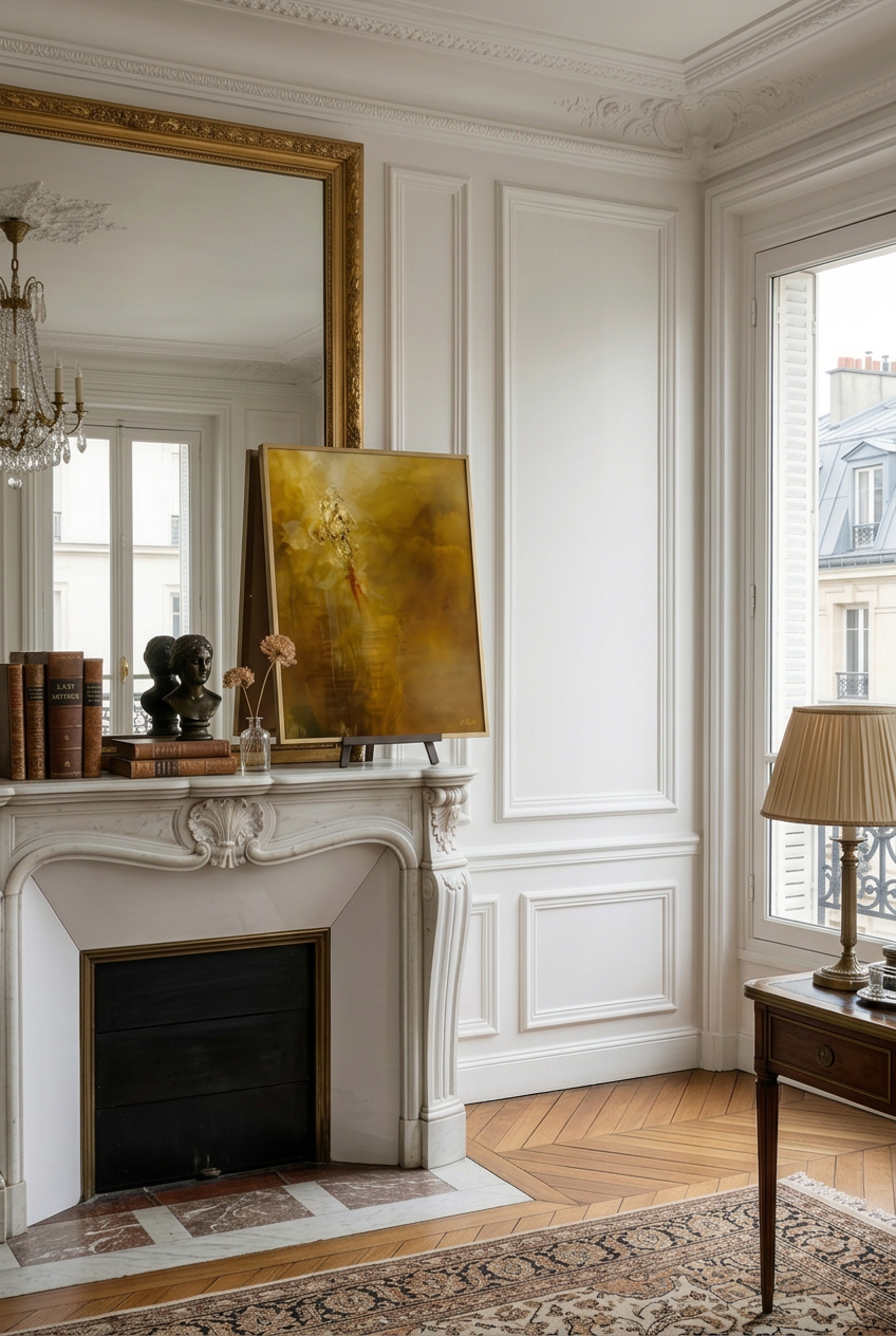 Feu alchimique posé sur la cheminée d’un salon haussmannien, sous un miroir doré.