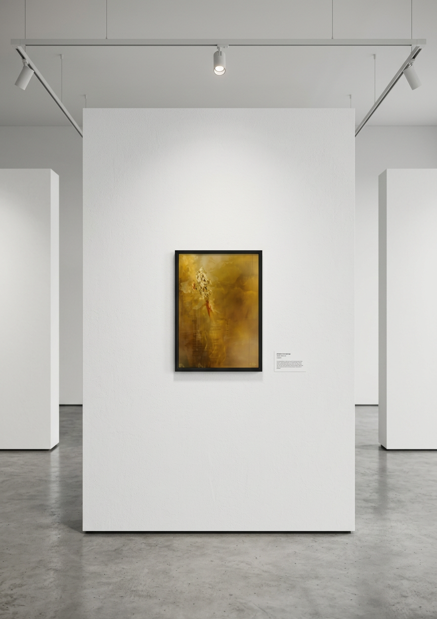 Feu alchimique en petit format, accroché au centre d’une galerie blanche.