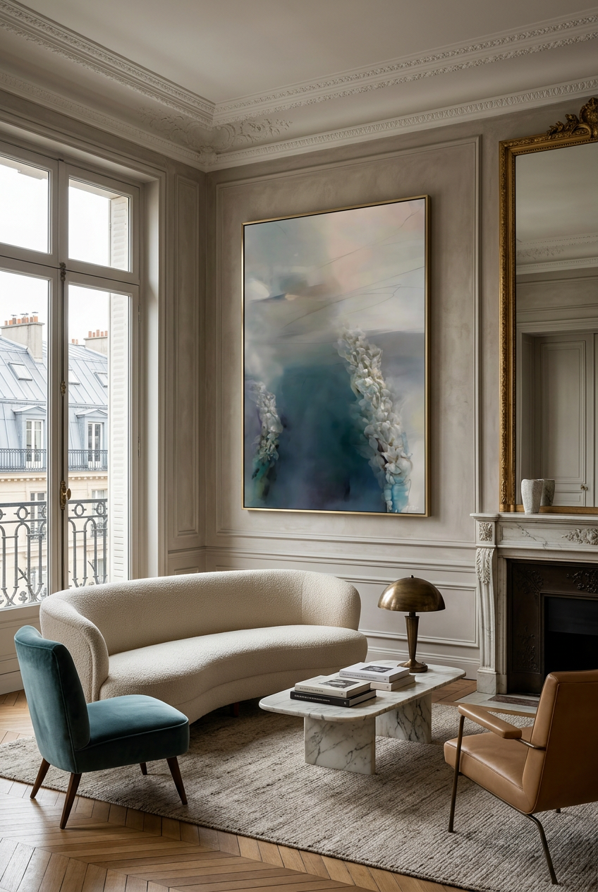 La porte des profondeurs mise en situation dans un salon haussmannien lumineux.