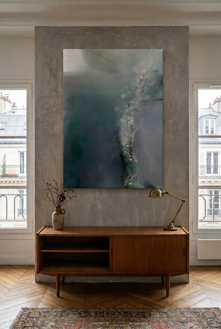 Le seuil, tirage d’art mis en situation dans un salon lumineux aux grandes fenêtres, au-dessus d’un meuble en bois.